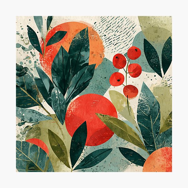 Item preview, Modern Holly Leaves and Red Berries in Teal and Olive designed and sold by solynneart.