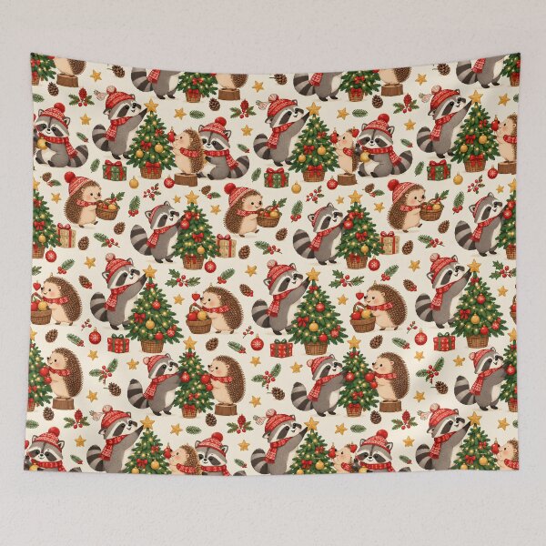 Item preview, Raccoons and Hedgehogs Decorating Christmas Trees Pattern designed and sold by victorsuarez.
