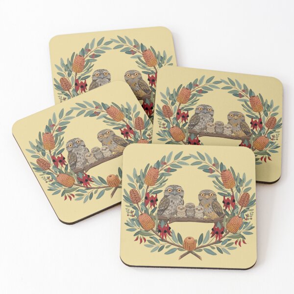 Item preview, Tawny Frogmouth Family Wreath on Ochre – Modern Australiana Art Print designed and sold by Wennebabs.