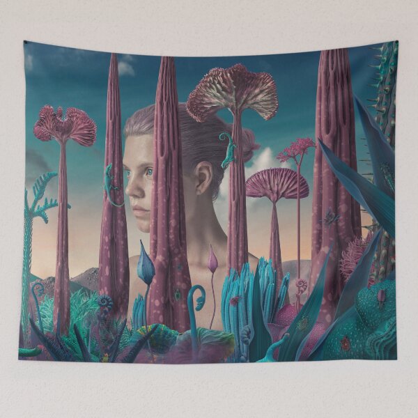 Item preview, ​Surreal Woman Portrait Behind Alien Flora with Chameleon designed and sold by Vizerskaya.
