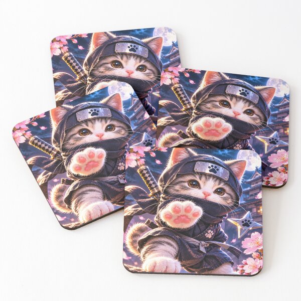 Item preview, Kawaii Ninja Cat – Cute Japanese Kitten Under Sakura Moonlight designed and sold by Silken moonlight .