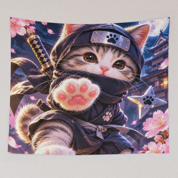 Item preview, Kawaii Ninja Cat – Cute Japanese Kitten Under Sakura Moonlight designed and sold by Silken moonlight .