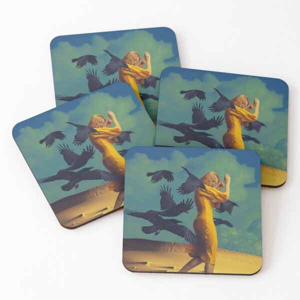 Item preview, ​Surreal Woman in Yellow Dress Surrounded by Flying Black Ravens in Desert designed and sold by Vizerskaya.