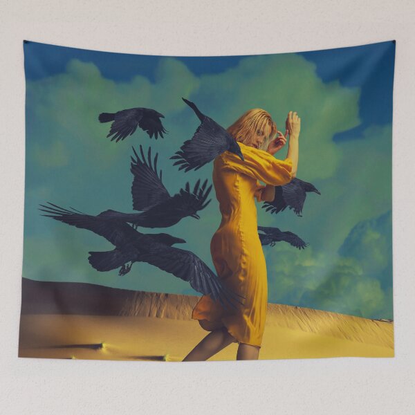 Item preview, ​Surreal Woman in Yellow Dress Surrounded by Flying Black Ravens in Desert designed and sold by Vizerskaya.
