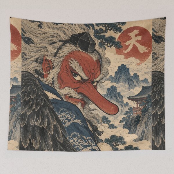 Item preview, Japanese Folklore - Red Tengu Yokai Above Mountain Temple designed and sold by bapupa.