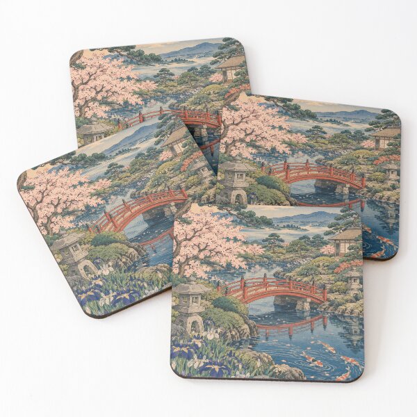 Item preview, Japanese Garden - Red Bridge Koi Pond Mount Fuji designed and sold by bapupa.