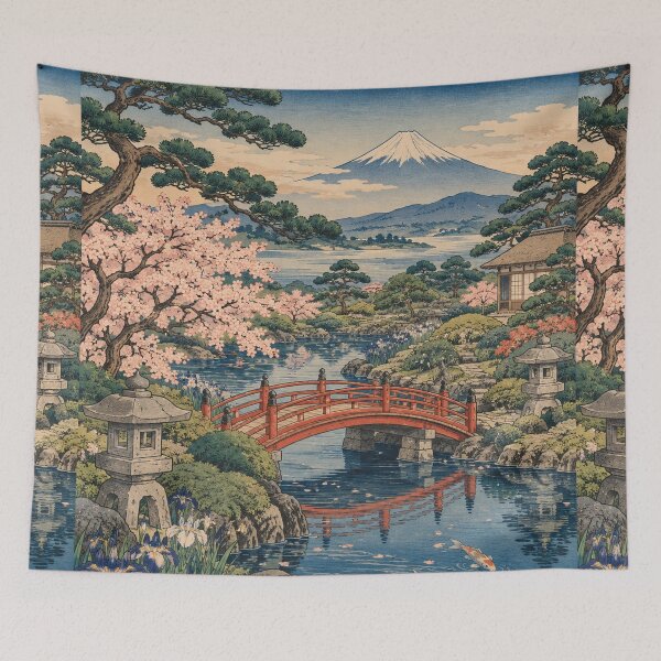 Item preview, Japanese Garden - Red Bridge Koi Pond Mount Fuji designed and sold by bapupa.