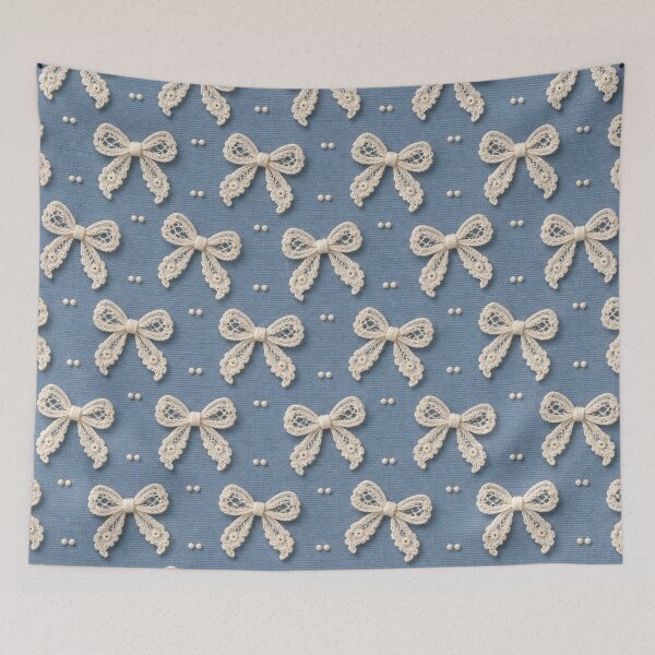 Item preview, Vintage Ivory Lace Bows – Cottagecore Blue Fabric Pattern designed and sold by Kaleidoscope Print.