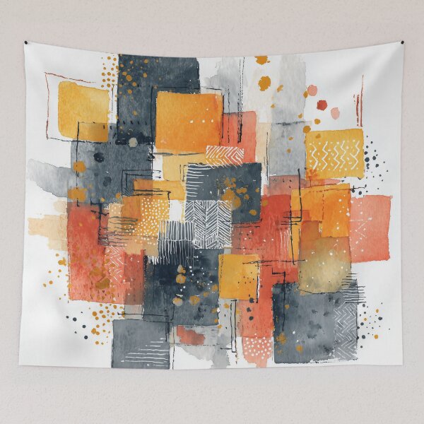 Item preview, Boho Abstract Squares in Orange, Coral and Charcoal designed and sold by solynneart.