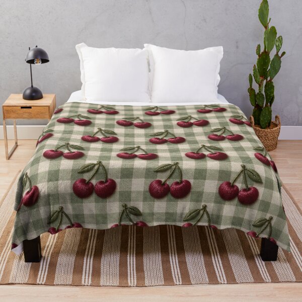 Item preview, Embroidered Red Cherries on Sage Green Gingham – Vintage Cottagecore Pattern designed and sold by Kaleidoscope Print.
