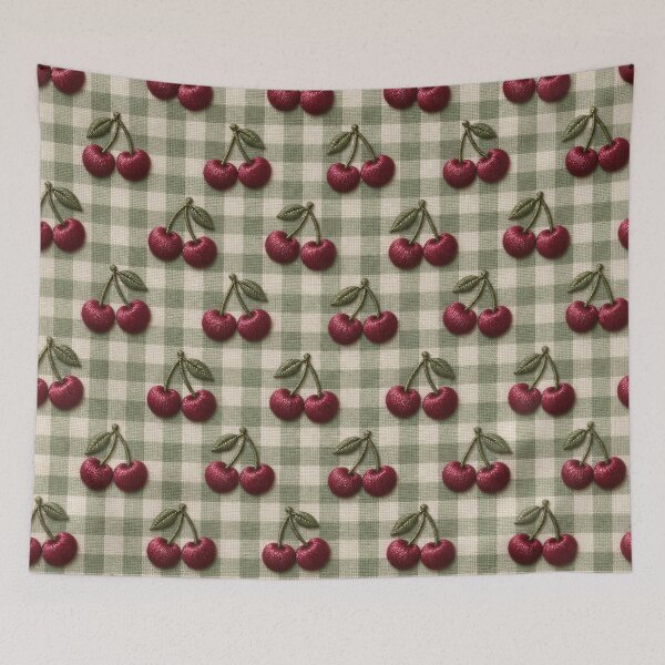 Item preview, Embroidered Red Cherries on Sage Green Gingham – Vintage Cottagecore Pattern designed and sold by Kaleidoscope Print.