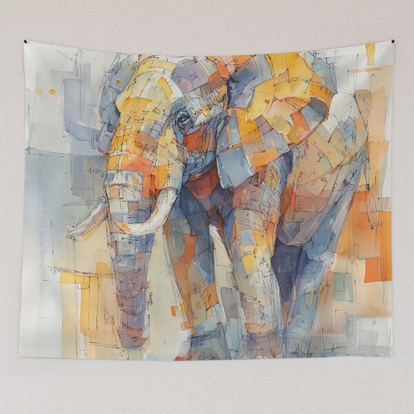 Item preview, Geometric Watercolor Elephant in Ochre and Slate Blue designed and sold by solynneart.