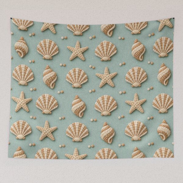 Item preview, Woven Seashells and Starfish – Coastal Raffia Pattern on Sage Green designed and sold by Kaleidoscope Print.