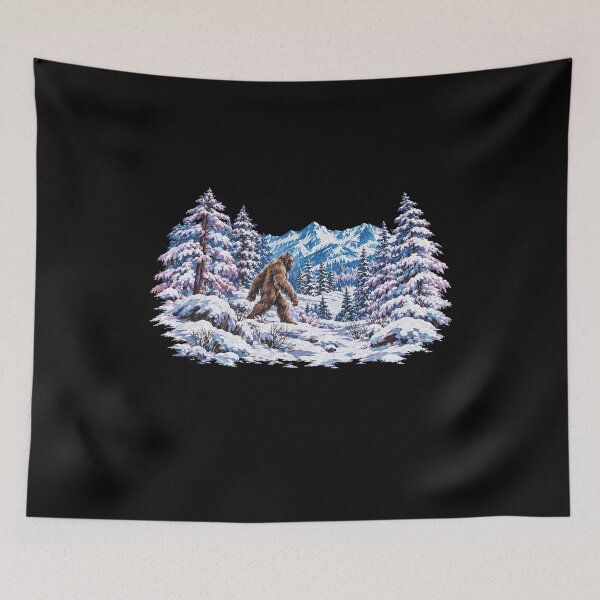 Item preview, Bigfoot in a Snowy Winter Forest Mountain Scene designed and sold by AnanamorphArter.