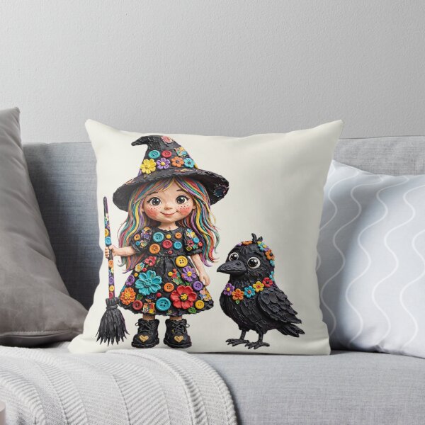 Item preview, Cute Whimsical Clay Witch and Crow Illustration designed and sold by  One City Two Children Studio.