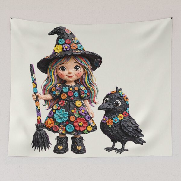 Item preview, Cute Whimsical Clay Witch and Crow Illustration designed and sold by  One City Two Children Studio.