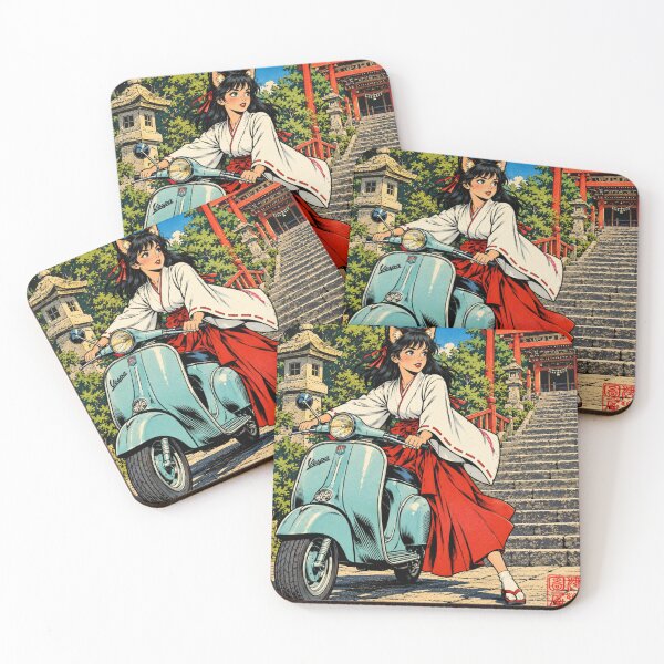 Item preview, Retro Shrine Maiden Catgirl Riding a Vintage Vespa designed and sold by Komatoya.