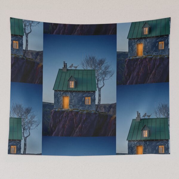 Item preview, Surreal Cliffside House Canvas Print | Emerald Roof Stone Cottage Night Photography | Moody Twilight Landscape Poster | Whimsical Solitude Wall Decor designed and sold by SergioMiklos.