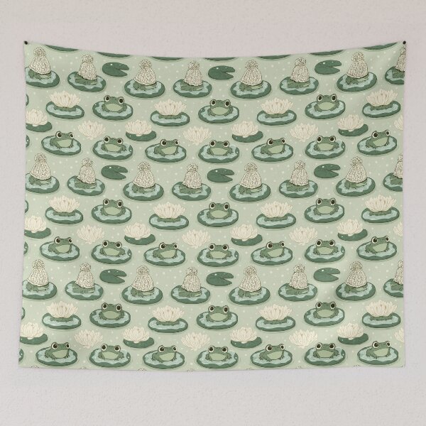 Item preview, Cozy Frogs in Beanie Hats Lily Pad Pond Pattern designed and sold by NicolasGlowArt.