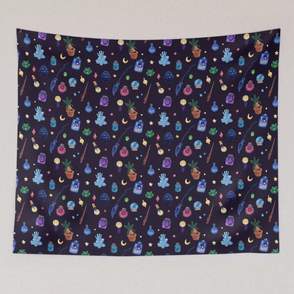 Item preview, Enchanted Witchy Seamless Pattern | Magical Potion Bottles, Crystals & Frogs | Dark purple designed and sold by IcyArtShop.