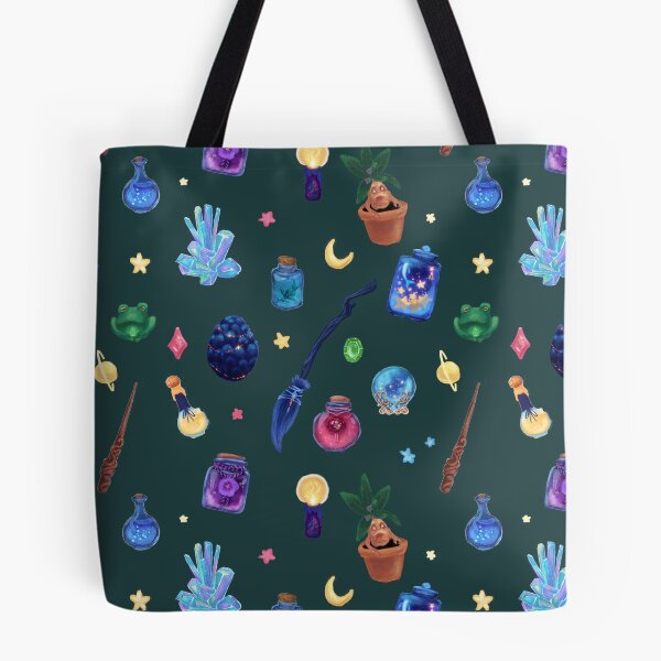 Item preview, Enchanted Witchy Seamless Pattern | Magical Potion Bottles, Crystals & Frogs | Dark green designed and sold by IcyArtShop.