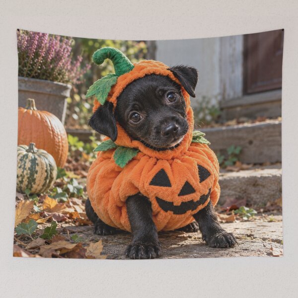 Item preview, Cute Black Puppy in a Pumpkin Costume – Halloween Dog designed and sold by Luka’s Little World.