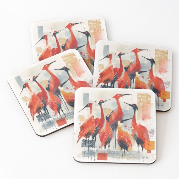 Item preview, Red Cranes Watercolor Collage in Coral and Ochre designed and sold by solynneart.
