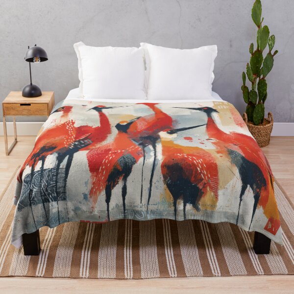 Item preview, Red Cranes Watercolor Collage in Coral and Ochre designed and sold by solynneart.