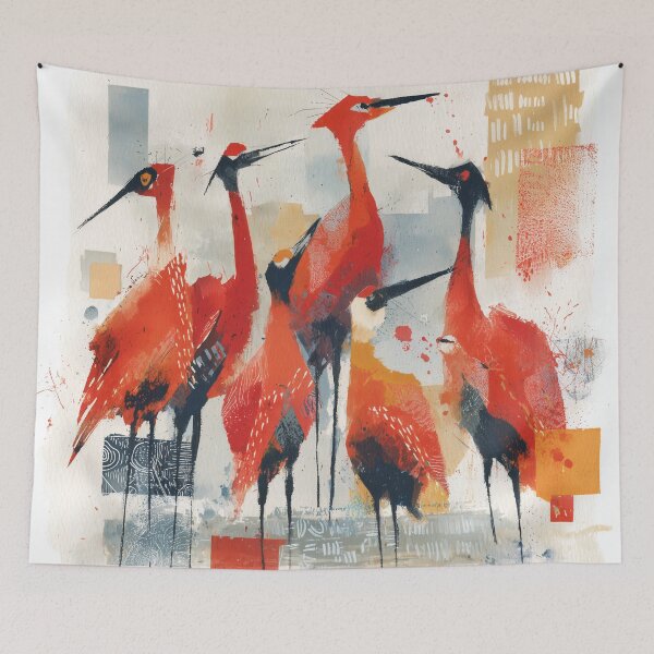 Item preview, Red Cranes Watercolor Collage in Coral and Ochre designed and sold by solynneart.