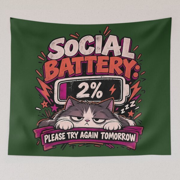 Item preview, Social Battery 2% Funny Introvert Cat Humor designed and sold by Kruti Collection.