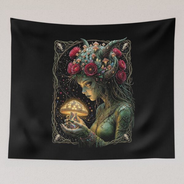 Item preview, Mystical Mushroom Goddess – Dark Cottagecore Forest Elf Artwork designed and sold by HexOne.