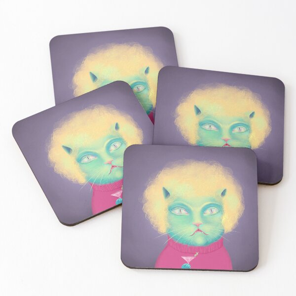 Item preview, Surreal Green Cat Portrait with Blonde Curly Hair and Pink Cocktail designed and sold by Vizerskaya.
