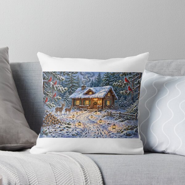 Item preview, Snowy Log Cabin in the Pines with Cardinals Jigsaw Puzzle designed and sold by LittlePeachSt.