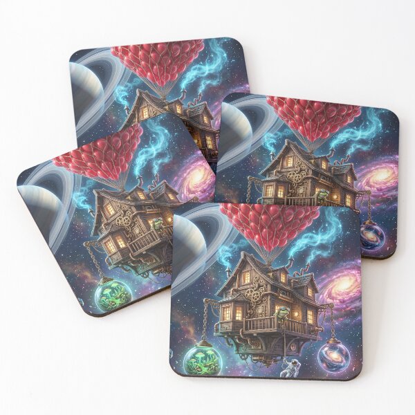 Item preview, Steampunk Space House Floating Red Balloons Pop Surrealism Art designed and sold by Rain-Road.