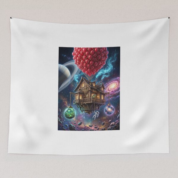 Item preview, Steampunk Space House Floating Red Balloons Pop Surrealism Art designed and sold by Rain-Road.
