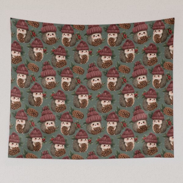 Item preview, Cute Hedgehog Winter Beanie Pinecone Holly Pattern designed and sold by NicolasGlowArt.