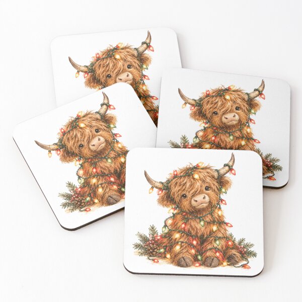 Item preview, Christmas Highland Cow with Colorful Lights – Cute Fluffy Cow Holiday Art designed and sold by DreamyBrushArt.