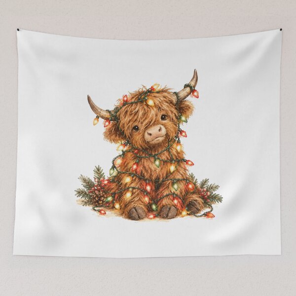Item preview, Christmas Highland Cow with Colorful Lights – Cute Fluffy Cow Holiday Art designed and sold by DreamyBrushArt.