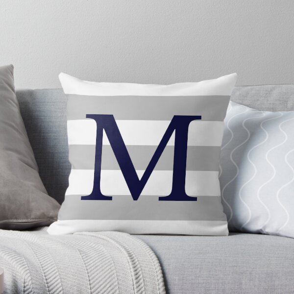 Silver Gray Stripes Navy Blue Monogram M Throw Pillow