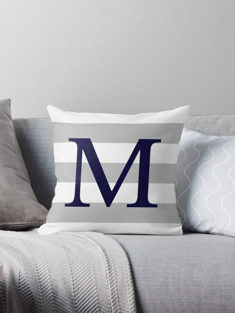 Navy Striped Monogram Throw Pillow