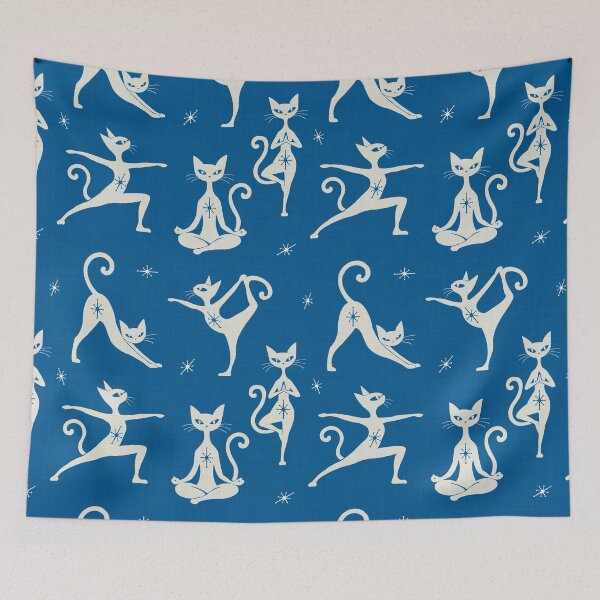 Item preview, Royal blue atomic Lotus yoga cat silhouette designed and sold by Anne Londez Studio.