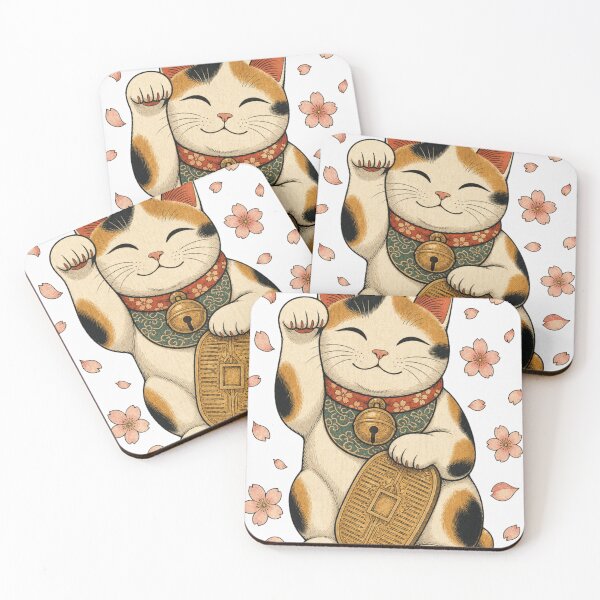 Item preview, Lucky Beckoning Cat Maneki Neko Calico Japanese Ukiyo-e Sakura Cherry Blossom designed and sold by vekotpu.