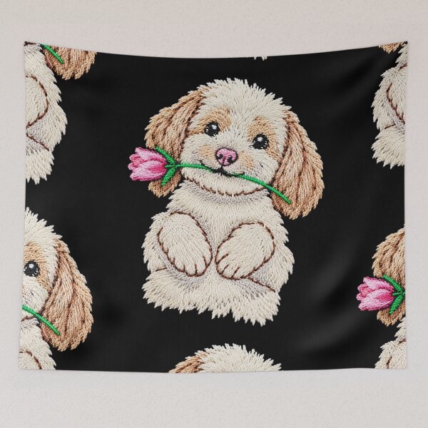 Item preview, Cute White Puppy with Pink Tulip – Embroidered Kawaii Dog Art designed and sold by ColorSplash123.