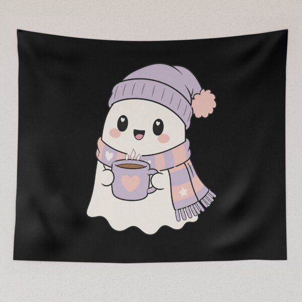 Item preview, Cozy Kawaii Ghost with Hot Coffee Beanie Scarf Autumn Aesthetic designed and sold by jeshands.