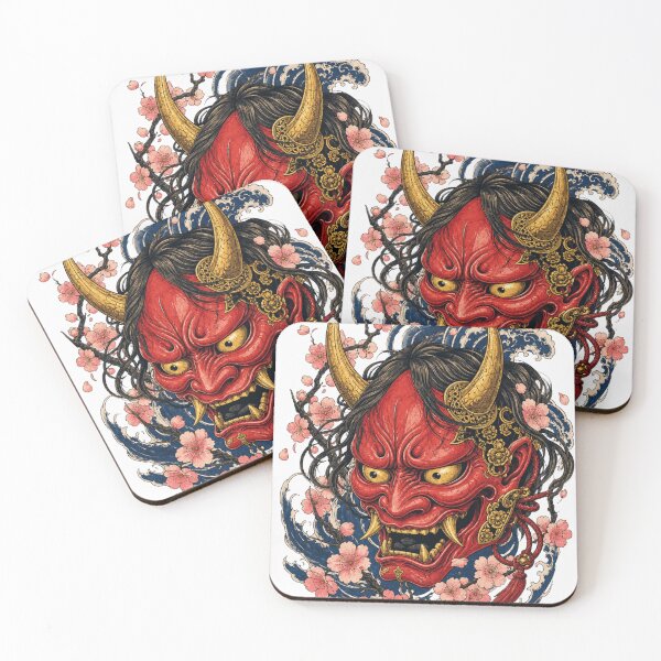 Item preview, Red Hannya Mask Japanese Oni Demon Sakura Cherry Blossom Waves Ukiyo-e designed and sold by vekotpu.