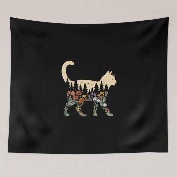 Item preview, Woodland Cat Silhouette with Wild Boho Flowers designed and sold by dudelinart.