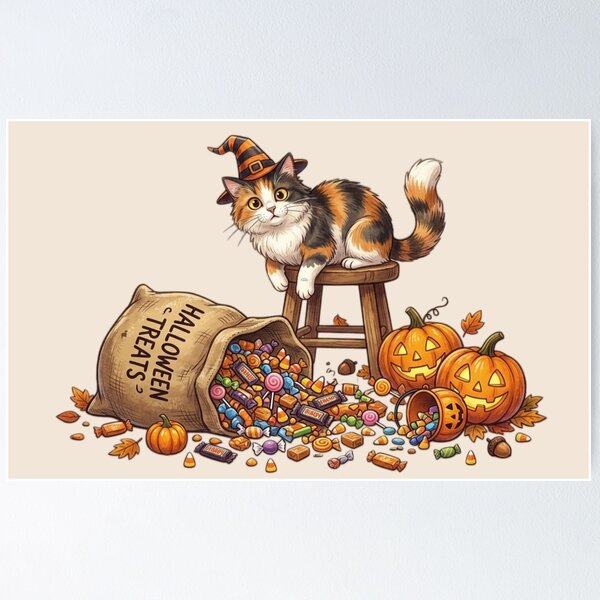 Item preview, Witch Cat with Halloween Candy and Pumpkins designed and sold by Safe Haven Pets.