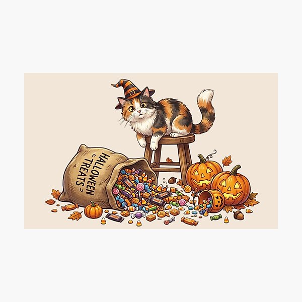 Item preview, Witch Cat with Halloween Candy and Pumpkins designed and sold by Safe Haven Pets.