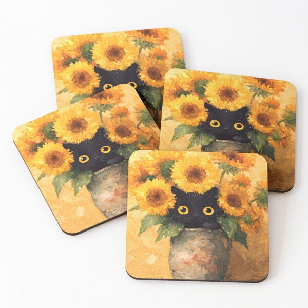 Item preview, Cute Black Cat in Sunflowers Impressionist Floral Oil Painting designed and sold by FaizArtShop.