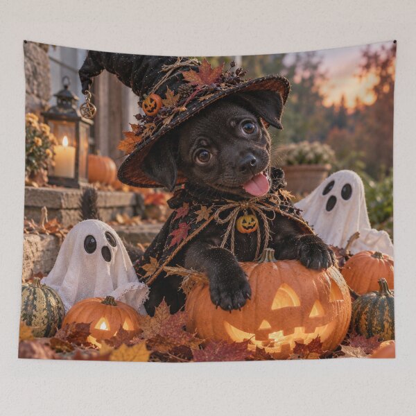 Item preview, Cute Black Puppy Witch on a Pumpkin – Halloween Fantasy designed and sold by Luka’s Little World.